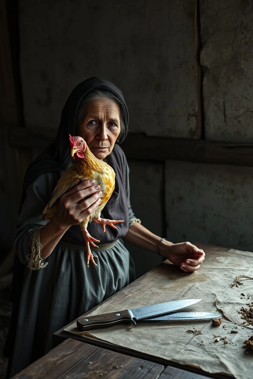 "A an old paints cracked dirty abandoned barn an old woman holding a chicken from the neck in one hand and holding a knife on the other hand on the table , , insanely detailed octane render trending on artstation, 8k artistic photography, photorealistic concept art, soft natural volumetric cinematic perfect light, chiaroscuro, award-winning photograph, masterpiece, oil on canvas, Raphael, Caravaggio, Greg Rutkowski, people, beksinski, Giger