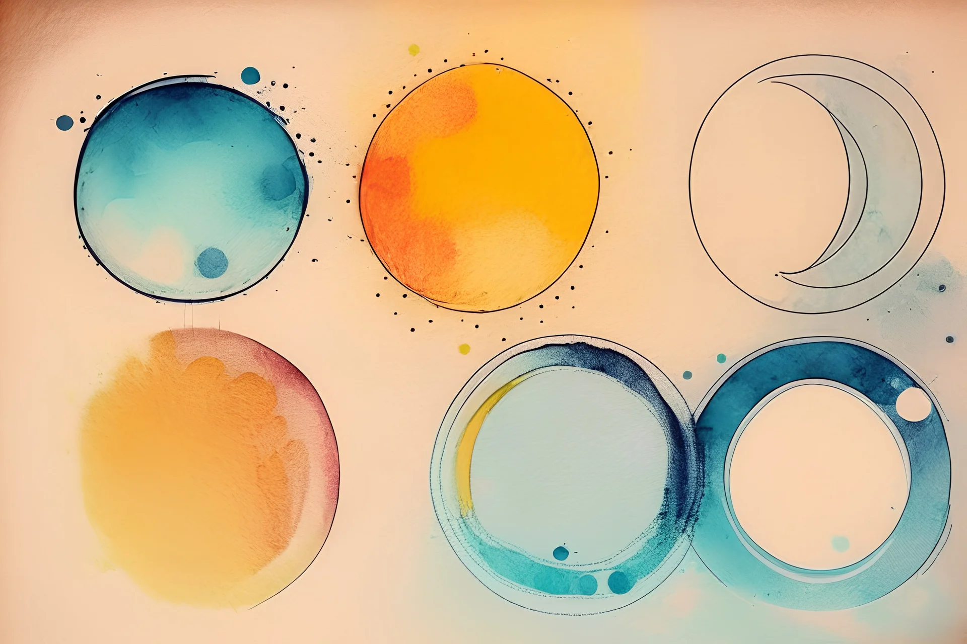 Five Abstract watercolour circles with sketchy pencil outlines