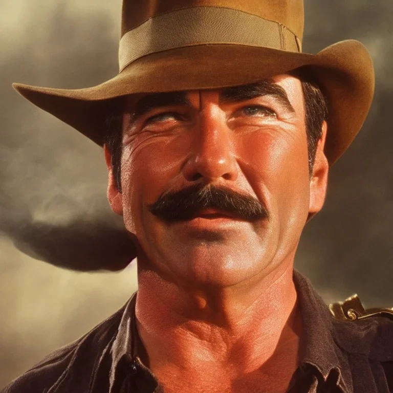 Tom Selleck, as Indiana Jones, dramatic light, close up, smoky background, high detail, cinematic, vignette