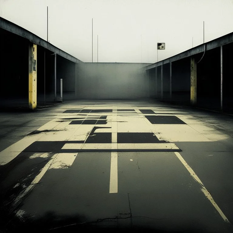 Minimal floating elements contemporary abstract oil paintings of desolate 1960s carpark with road markings and concrete fragments. Lone figure. Overlay with grungy typography graphics. style of Justin Mortimer and Francis Bacon.