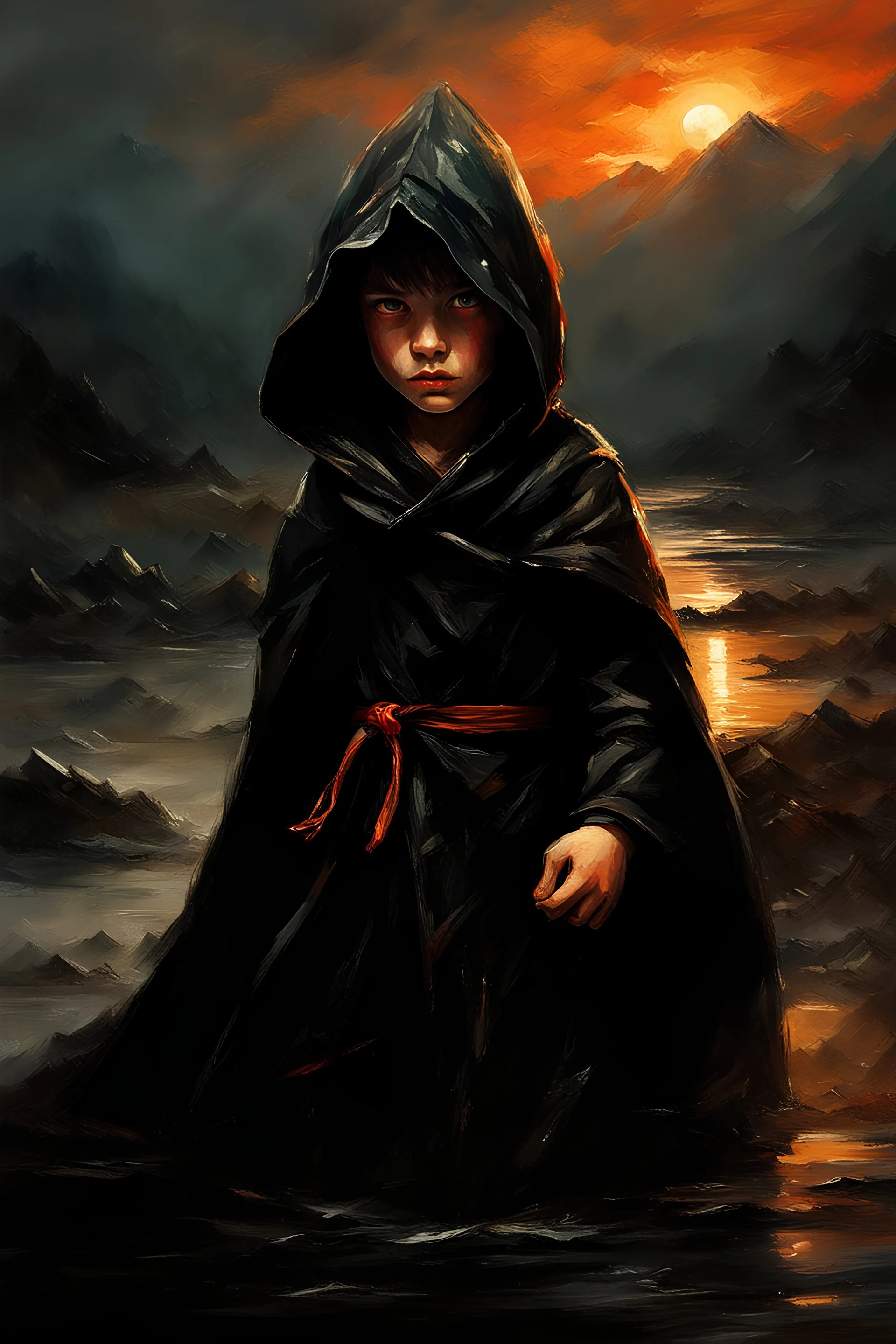 A formidable warrior-a 10-year-old boy in a black robe with a hood, on the background Amazing gloomy landscape, flooded with sunset, mountains, trees, fabulous scary hero, , juicy emotions, painting, dark fantasy, bad weather, gloomy day, dark world, by Raymond Swanland & Alyssa Monks & Anna Razumovskaya