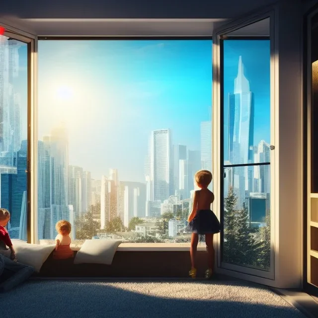 Retro family in a futuristic house, futuristic city in the window. Cinematic lighting, 8k, ultra detail, realistic photo