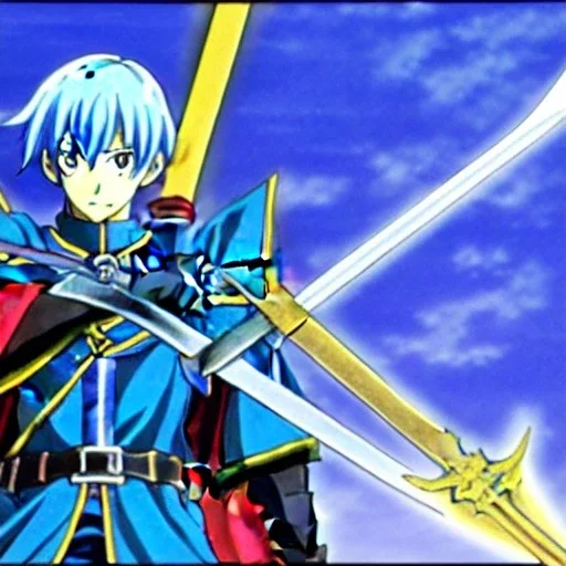 fire emblem, anime, screenshot, ova, 90s anime, marth, boy, blue hair, prince, sword, fantasy setting, fire emblem marth, fullbody, with background