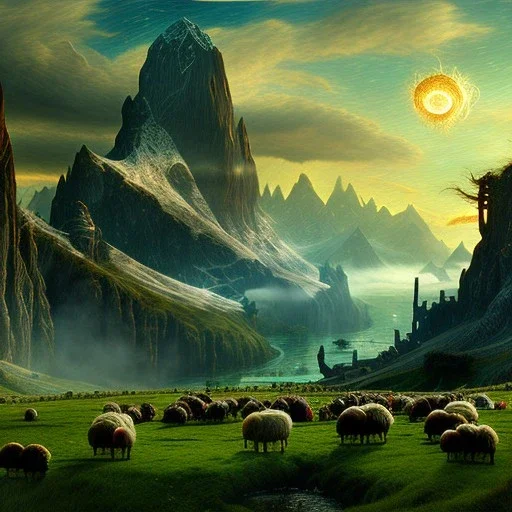 Epic Drawing of mordor scenery with sheeps of The Hobbit estilo Van Gogh 4k