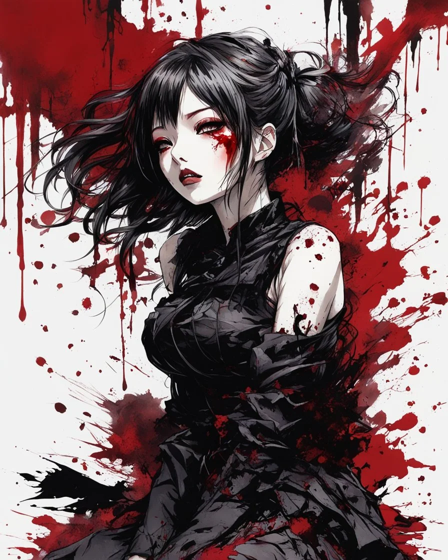 Petit girl goth, lying pose, halfbody, behind blood guts rising from the ground, illustration by <Yoji Shinkawa>, darkred tones,