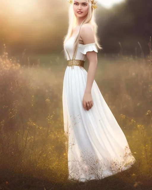 young elf woman, countryside, blonde braids, trees, fields, magic, motif, white dress, cinematic, forrest, happy, 3d art, alfons mucha, photography, smile