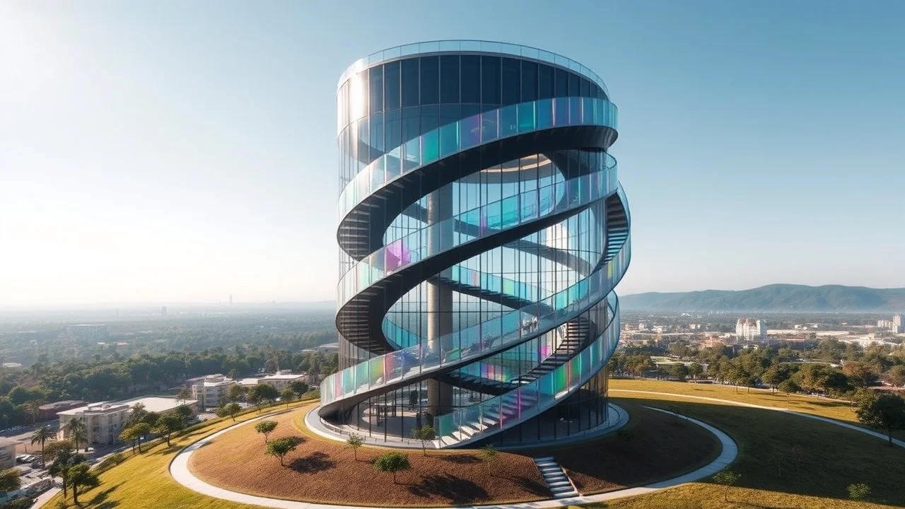 A striking tower built around a central spiral shape, with a helix staircase wrapping around the outside of the building. The walls are made of a translucent material that reflects sunlight in rainbow hues, and each floor gradually spirals upward, creating a dynamic and captivating form. The landscape below is sculpted to echo the swirling design. Photograph