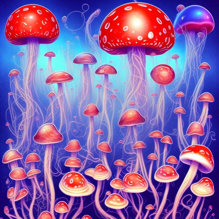 psychedelic mushrooms and flying jelly fish and antic city in the background