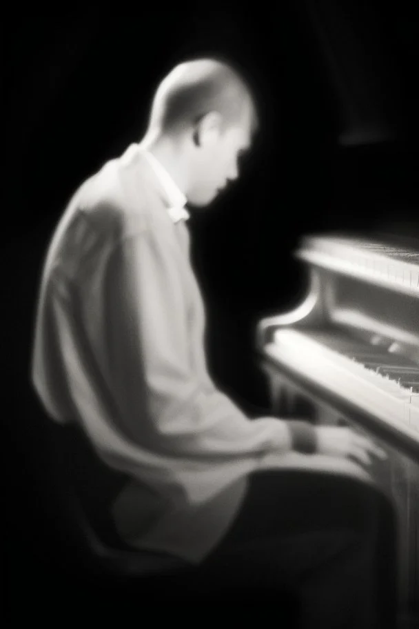 Hombre, pianista, tocando el piano, mirando hacia su derecha, fuertemente iluminado desde, blanco y negro vaporoso, al estilo del fotógrafo Hugo Alonso