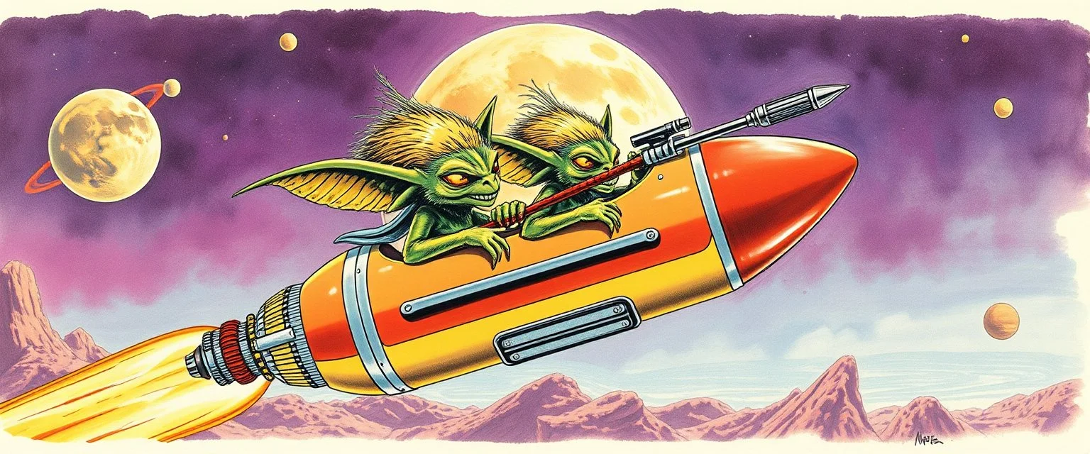 hairy macho gremlin aliens living in a hi tech marvellous hot dog rocket with a mounted sling shot, heading for venus, airbrush with pen outline