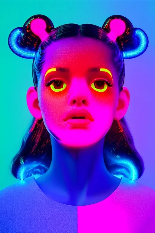 Rosalía artist, Realistic image, waist up portrait, perfect eyes, glow, eye liner. pigtails hair, spray line make up, glow. lips, gold. big rings piercing, led ornament, pearls. inflatable latex coat, cold, led lights, minimal, neon, pink, blue, gold, vibrant color, highly detailed, art stations, concept art, smooth, unreal engine 5, god lights, ray tracing, RTX, lumen lighting, ultra detail, volumetric lighting, 3d, finely drawn, high definition, 4k.