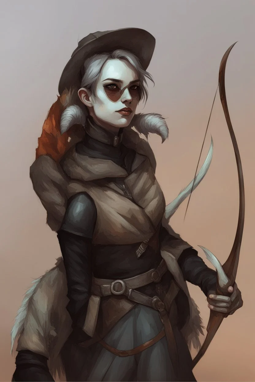 Dnd character with a tail and horns. A female Tiefling archeologist with very short hair, wearing adventure clothes.