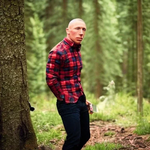 Georges st pierre with a red plaid shirt and a gun in the forest