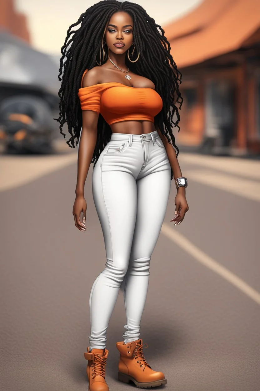 Create a digital airbrush cartoon of a curvy African American female wearing tight white jeans and a off the shoulder orange blouse. She is also wearing timberland boots. Prominent make up with hazel eyes. Highly detailed very long extremely dread locs black hair. Her skin is smooth and silky. Background of a track of ATV riders.