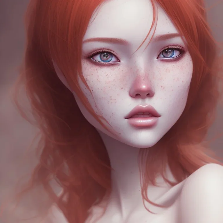 redhead girl, asian eyes, freckles, brown eyes, pink eye makeup, big pores, ultra detailed portrait