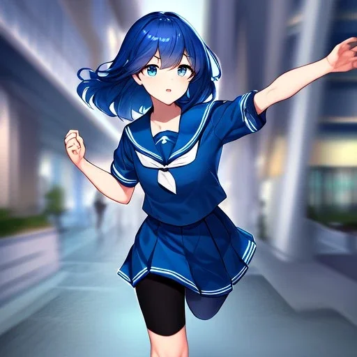 Clear focus,High resolution, Vibrant short blue hair, Vibrant blue eyes, Wearing a sailor uniform, Running