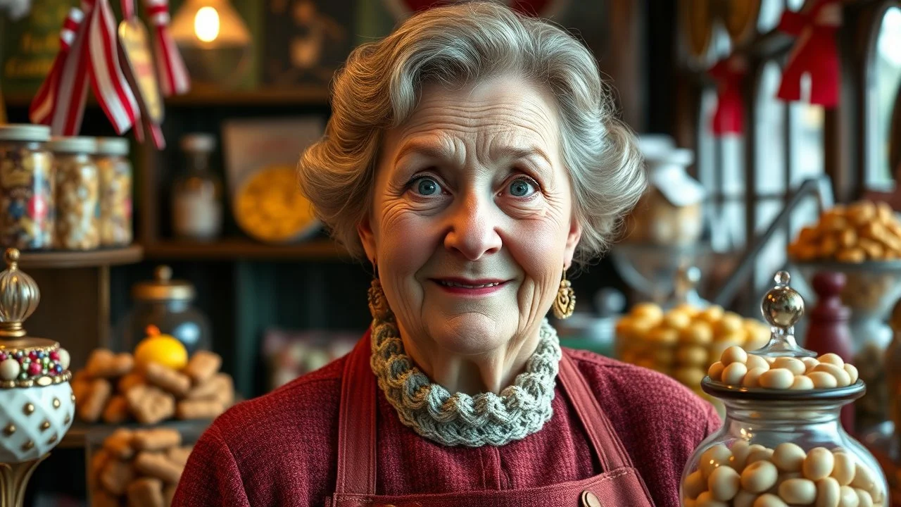 happy elderly female shopkeeper in Victorian sweet shop, old-fashioned traditional sweets and confectionery, humbugs, sherbert lemons, licquorice, boiled sweets, head and upper body, perfect eyes, exquisite composition, beautiful detailed intricate insanely detailed octane render trending on artstation, 8k artistic photography, photorealistic concept art, soft natural volumetric cinematic perfect light, chiaroscuro, award-winning photograph, masterpiece, raphael, caravaggio, greg rutkowski