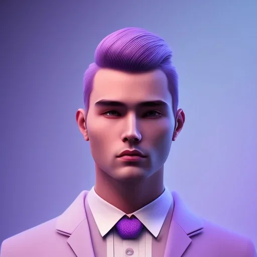 man, cute face, white highlight hair, brown eye, white, skin, purple suits, futuristic, science, purple, blue, dark pink background lighting, technology, profile, asian boy, square face, light orange, pug