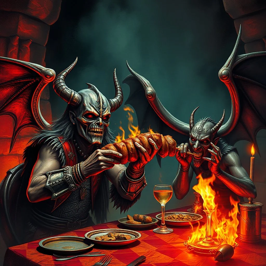 make an album cover of Eddie from the Iron Maiden hardrock band, he is sharing a big kebab in hell with Lucifer at a table, fire burning everywhere
