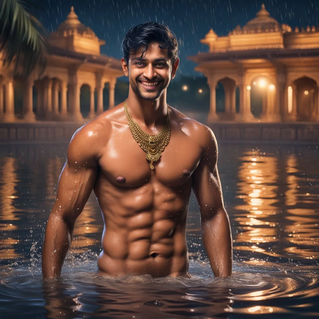 Hyper Realistic handsome Young shirtless muscular short hair Indian king with wet chest smiling & bathing in a lake outside traditionally beautiful Indian palace at night