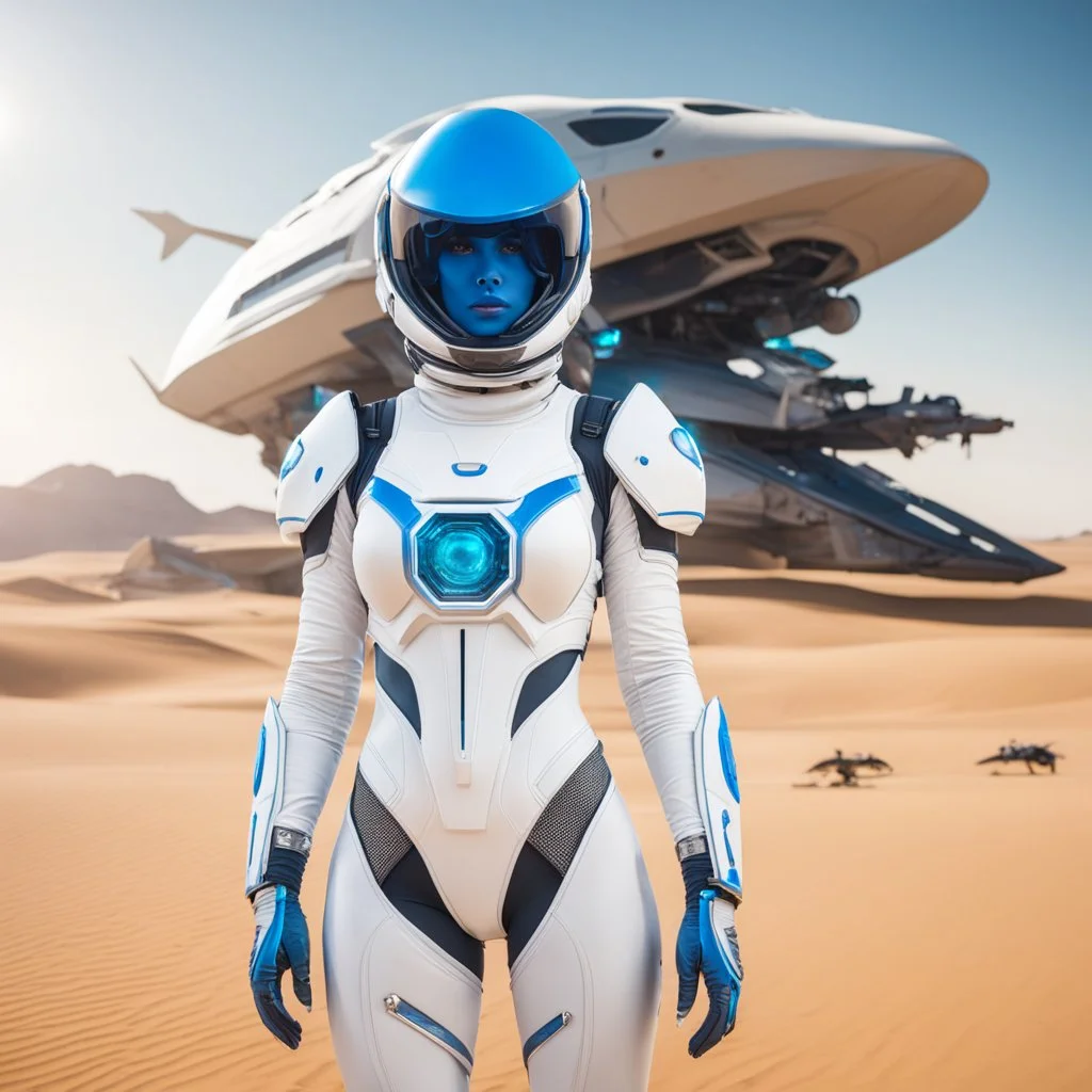 Beautiful blue alien woman, with skimpy white space suit, with a shark helmet, next to a large space vehicle with shark emblems on it, on desert planet.