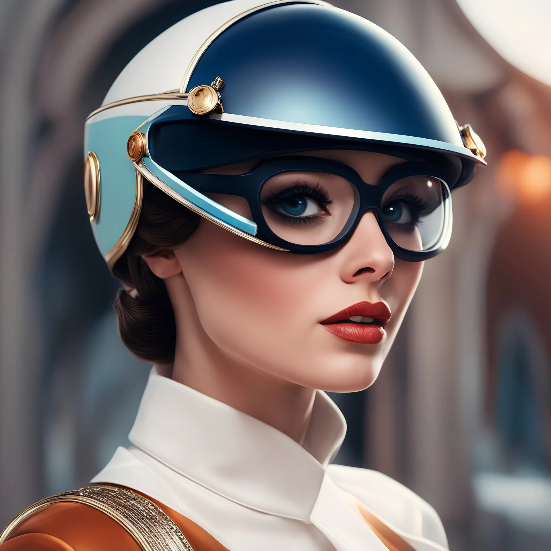 a close up of a person wearing a helmet, trending on cgsociety, retrofuturism, looks like audrey hepburn, hermes ad, cinestill 800t eastmancolor, stunning screenshot, detailed big eyes, professional iphone photo, wes anderson and gucci, cgsociety - w 1 0 2 4 - n 8 - i, sixties pinup, goggles, luts ar 1:1, shot with Sony Alpha a9 Il and Sony FE 200-600mm f/5.6-6.3 G OSS lens, natural ligh, hyper realistic photograph, ultra detailed -ar 1:1 —q 2 -s 750)