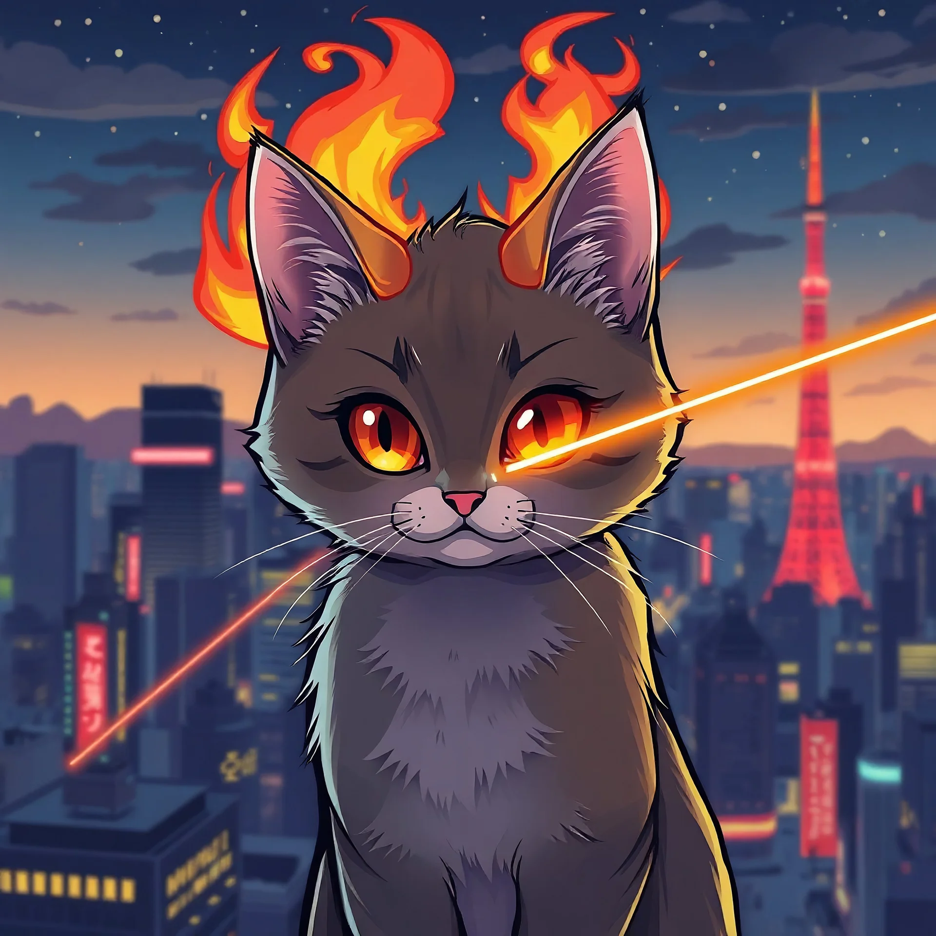 Cats hair flame , Lazer eye , Tokyo city night view wallpaper , cartoon