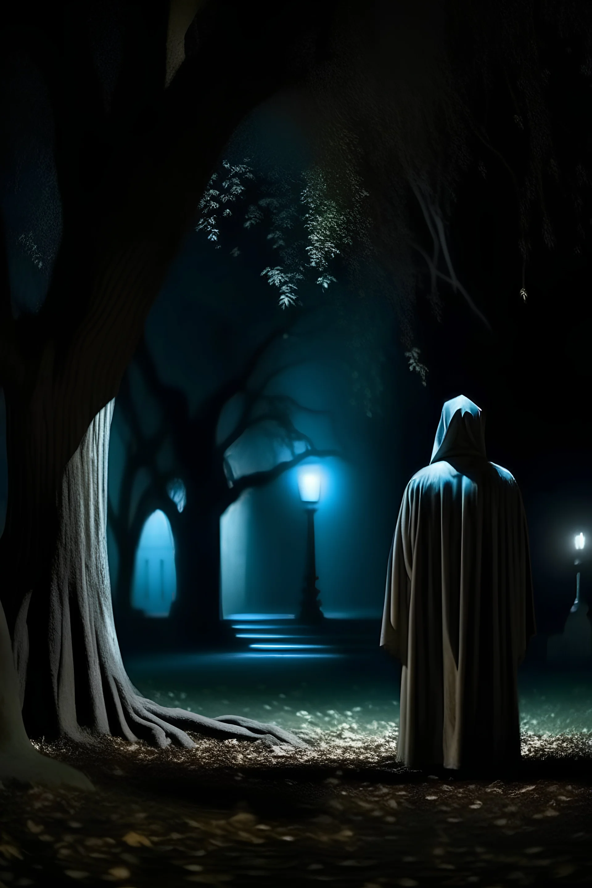 Ghost looking behind a tree at a human man, night, beautiful, cemetery, scary