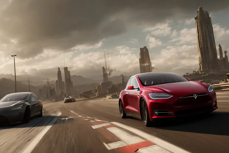 A Tesla 'Model Y' is racing at top speed, in the 'Cloud City' of Bespin. CINEMATIC. WIDE ANGLE LENS. PHOTO REAL.