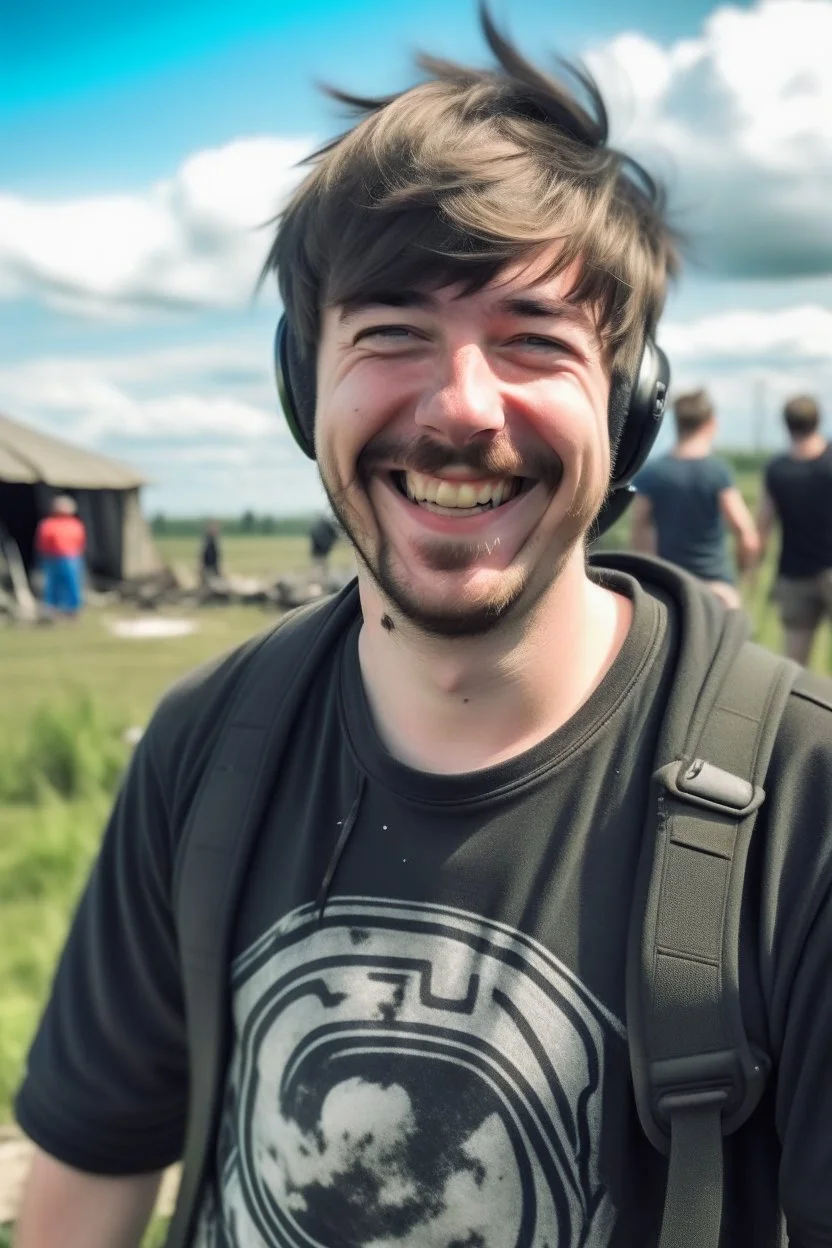 Smiling Mr Beast at the field of battle after nuke strike