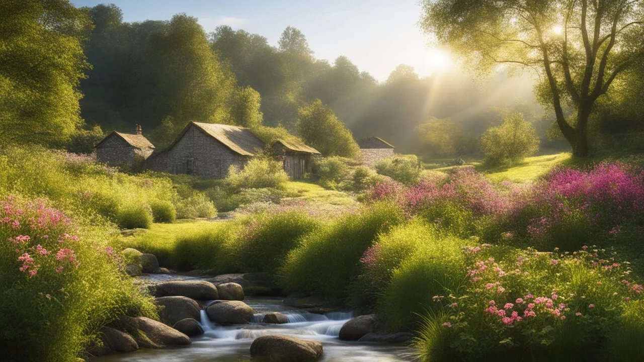 Beautiful realistic rural landscape, warm sunshine, lush plant growth, flowers, human habitation, brook, peaceful, delightful, idyll, award-winning photograph, detail, beautiful composition, attractive colour, chiaroscuro