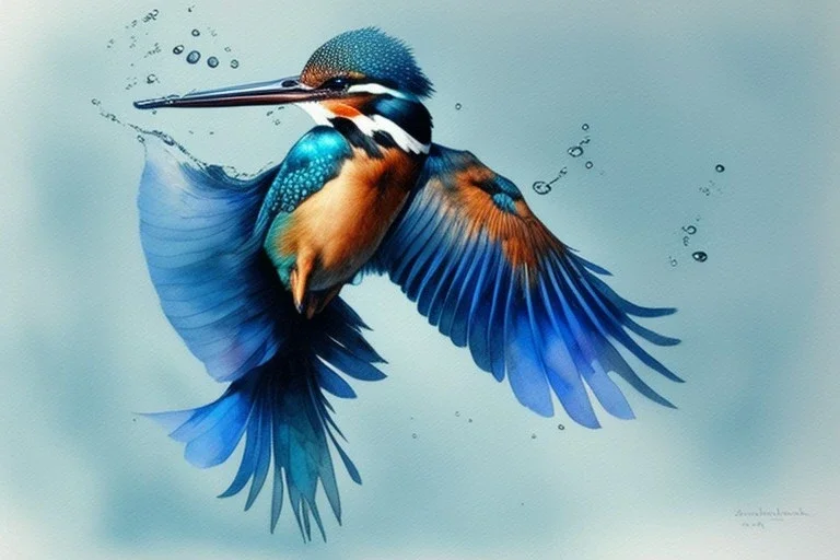 A beautiful kingfisher diving into water. Highly detailed, smooth colours, realistic landscape. Aquarell