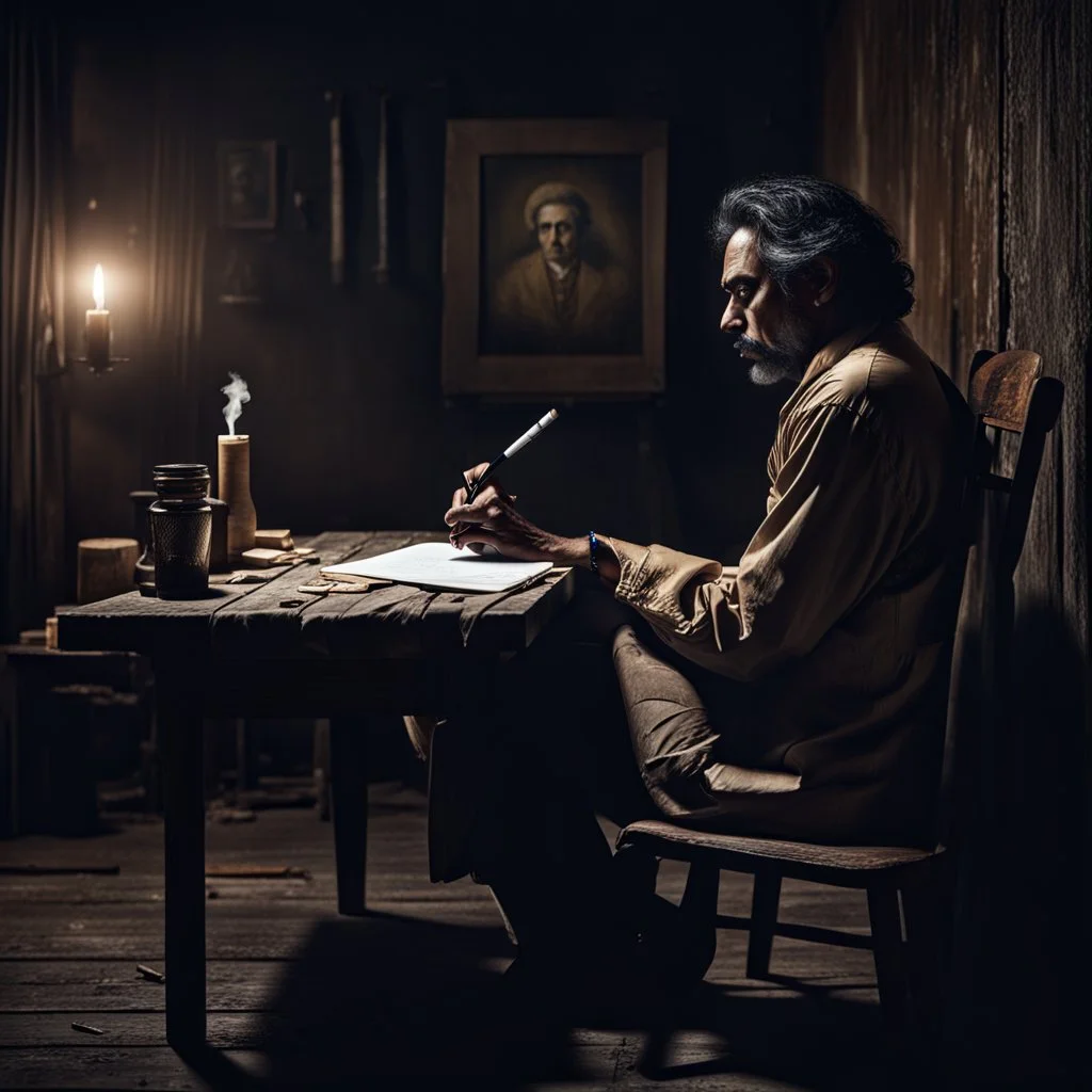 Hyper Realistic Jaun Elia Poet Sitting A Wooden Chair In His Dark Vintage Room Writing Poetry With Cigarette In His Other Hand On A Rustic Table At Dark Night With Cinematic & Dramatic Ambiance.