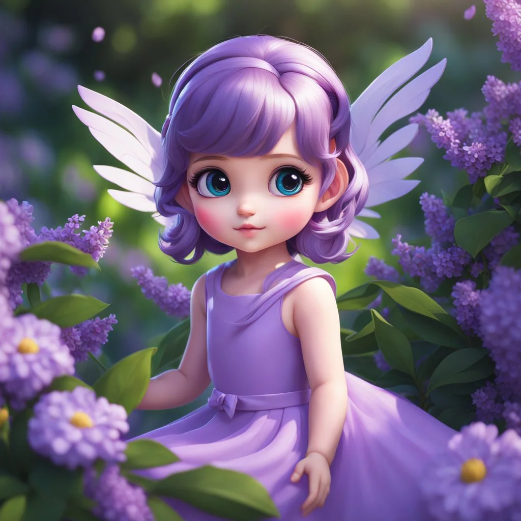 A little girl, with wings, adorable, big beautiful eyes, in a lilac dress, in lilac flowers, cartoon, chibi, close-up, bright colours, digital graphics, fantasy, unreal engine, blender art by artgerm, perfect composition, octane rendering, masterpiece, sharp focus, high detail, art station, concept art, perfect composition, a model of ultra-high quality and clarity, perfect play of light and shadow, 32k UHD, hyper-detailing, complex artistic maste