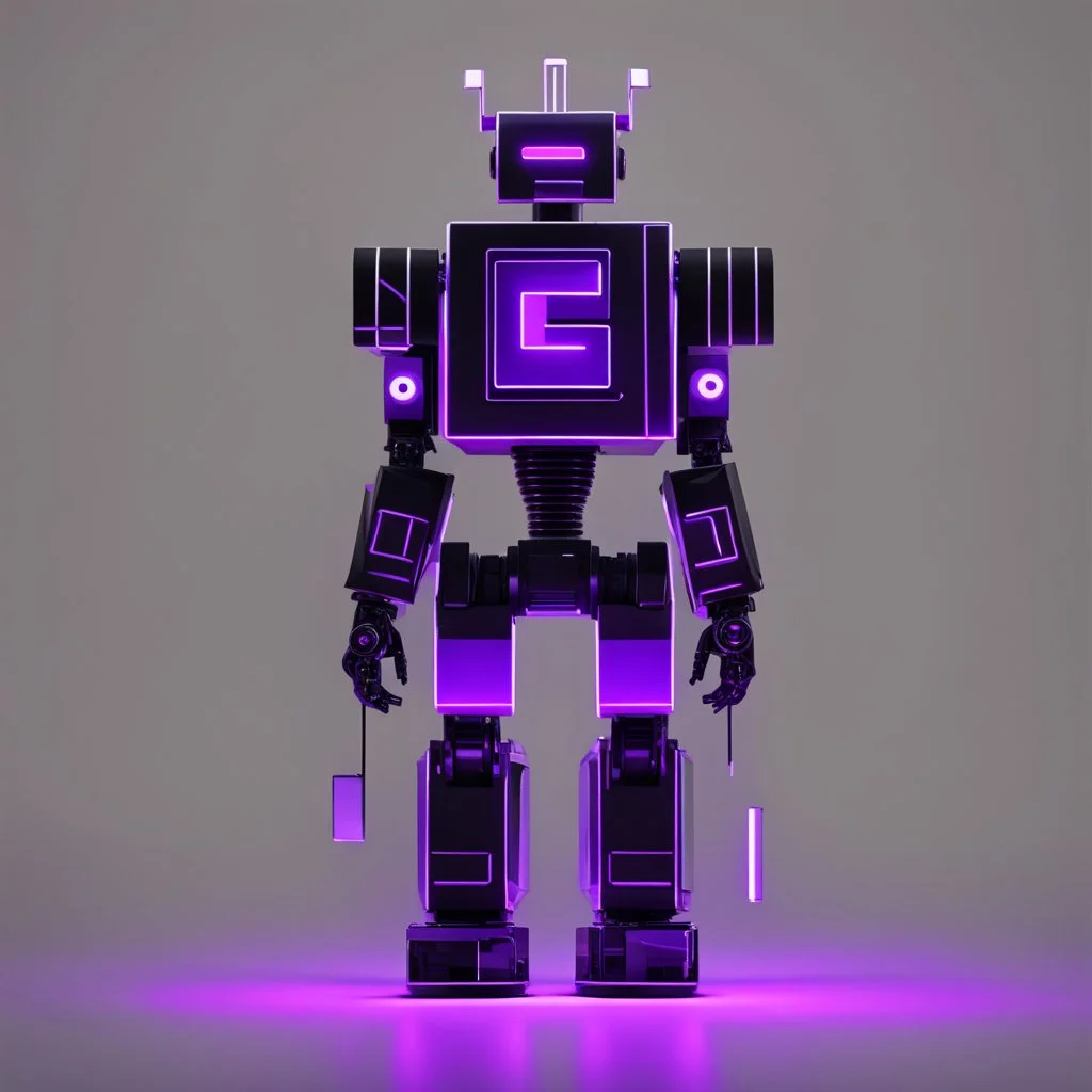 black and purple neon geometric bipedal robot with a plus sign shape for the 'eye' in a black monochrome world