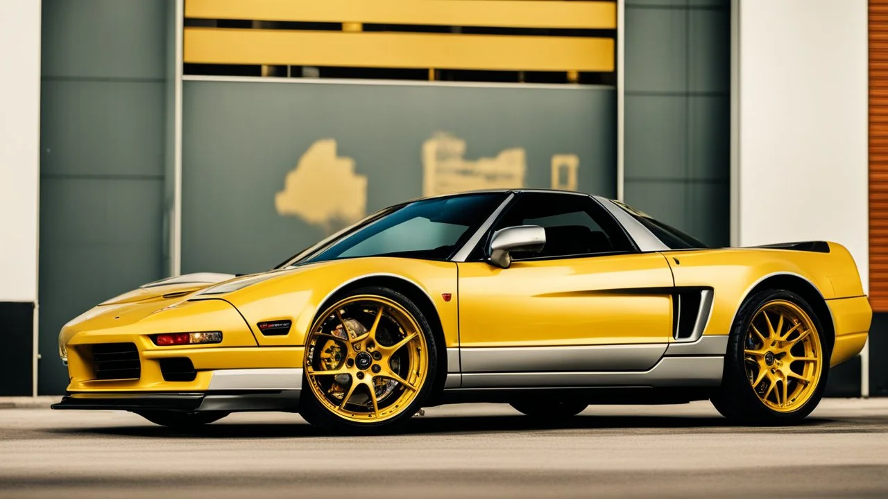 yellow sport car, big wheels, old model, honda NSX influence