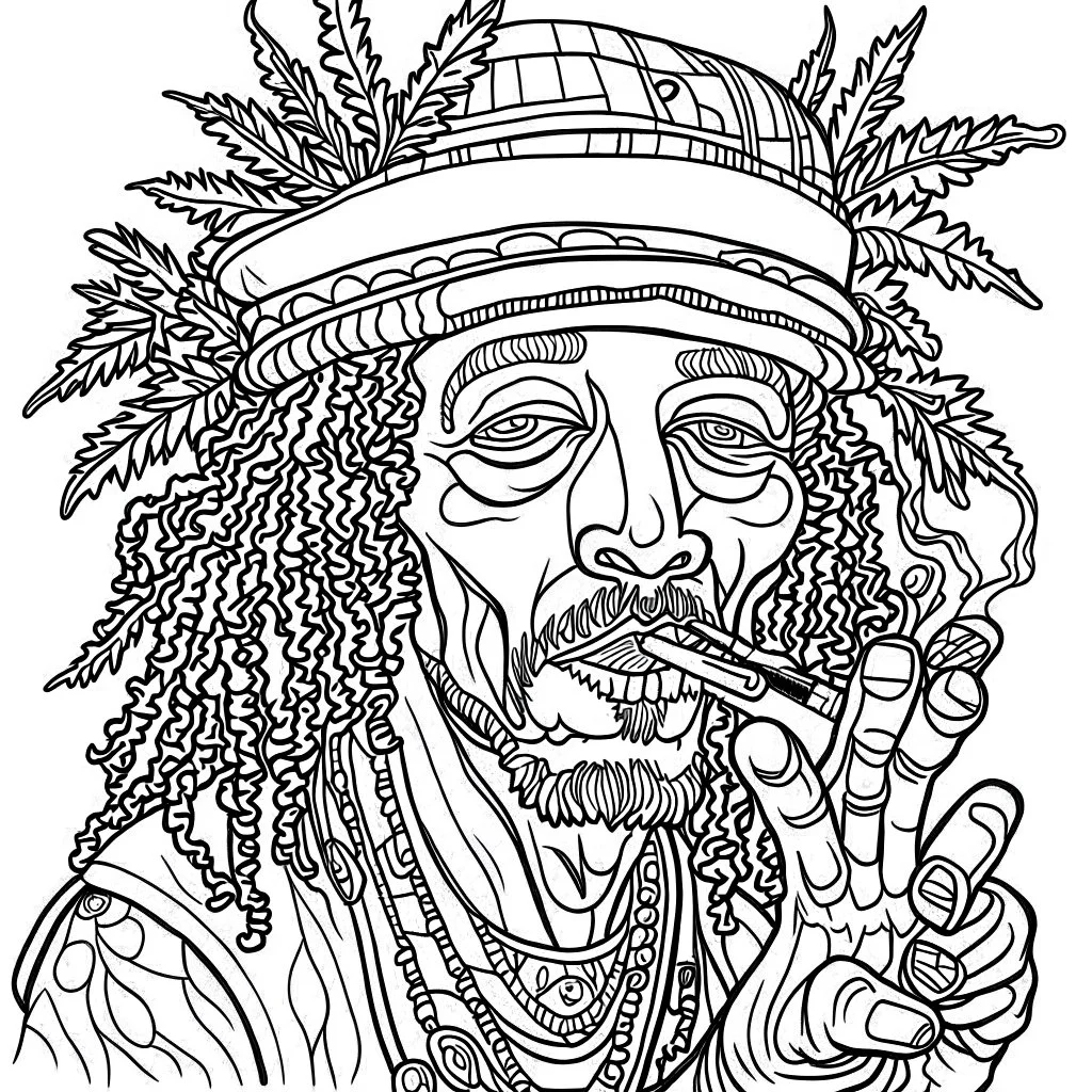 Coloring page for beginers, with "rastaman smoking marijuana", very Bold outlines and white background, cartoon style, minimal number of elements, very simple, not very detailed