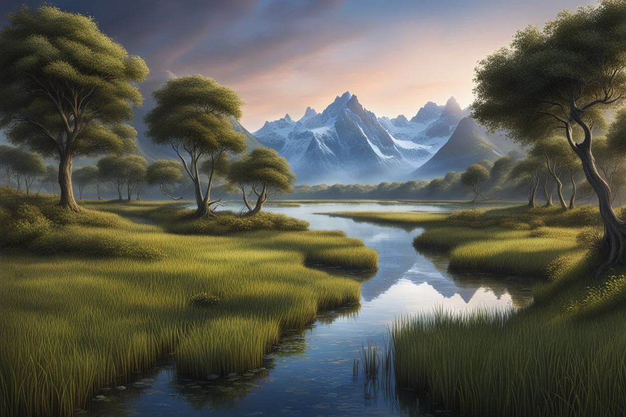 A narrow sea with marshland on one side and mountains on the other. fantasy setting.