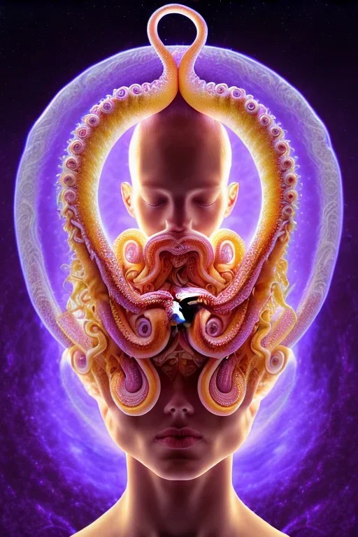 Spiritual being with Tentacles over human Head creating reality around, wrapping Spiral around Human, Psychedelic
