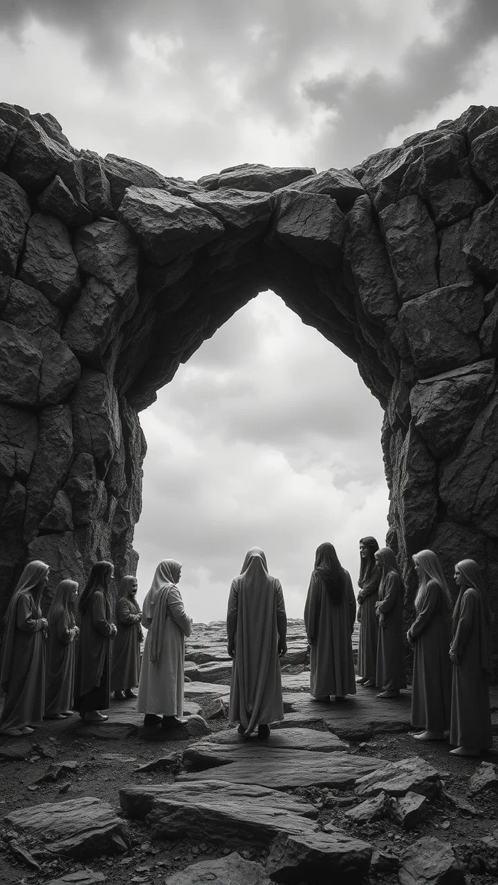 A depressing image, sad and emotional thought-provoking image of A rocky portal separates the world of color and the world of gray. Several people standing in the color world begging those in the gray All the people in the gray world are shades of grayscale. The 10 people in the gray are all sad and depressed several crying and weeping. Those beyond the portal in the color world are living and joyful.