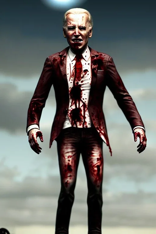 realistic image, joe biden zombie, zombie posing, arm cut and bleeding, amputated leg, night, walking with a limp, waist up view, dark ambient, highly detailed, sky background, concept art, unreal engine 5, god rays, ray tracing, RTX, lumen lighting, ultra detail, volumetric lighting, 3d, finely drawn, high definition, high resolution.