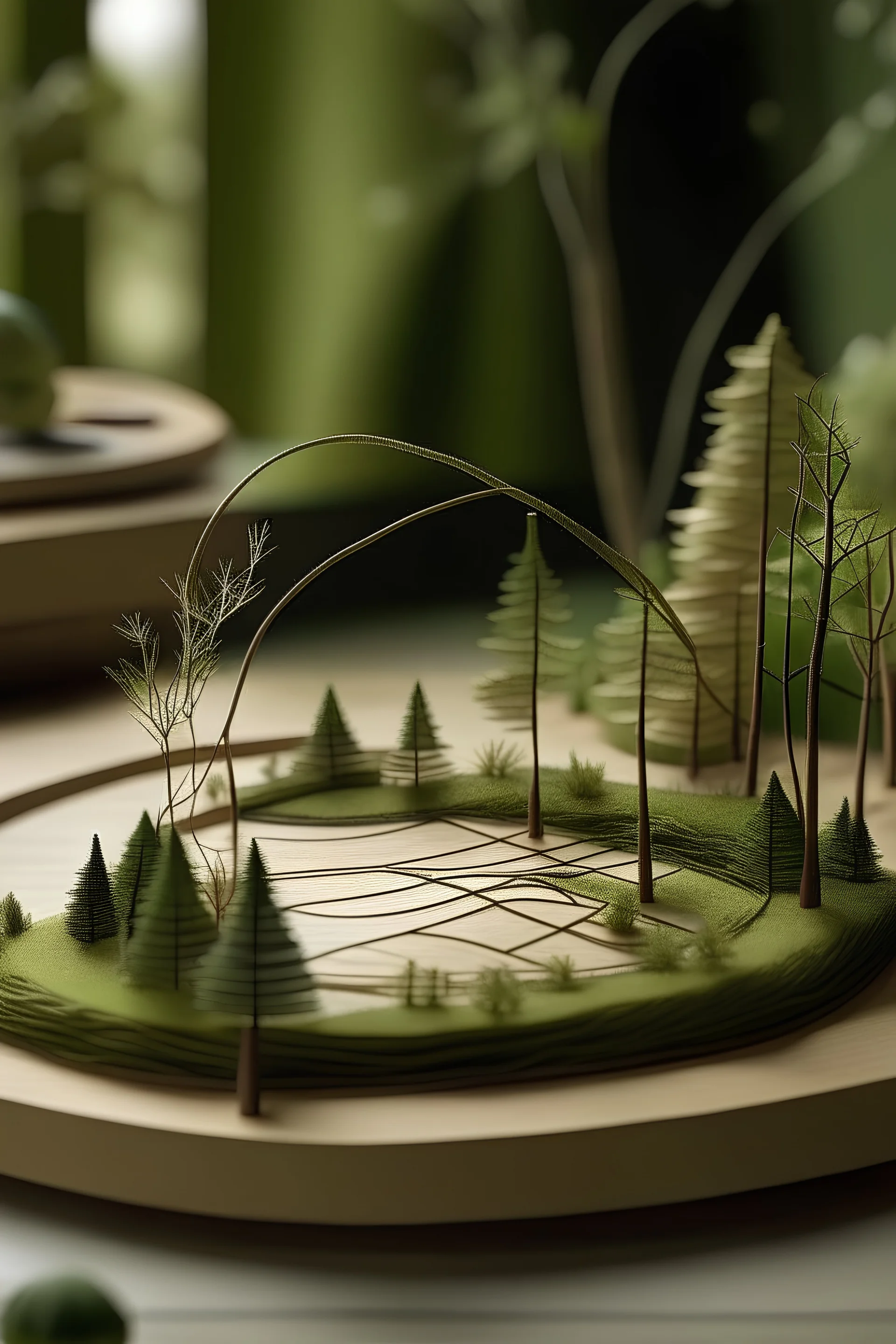 Generate an image of a tranquil forest scene crafted from mini thin wooden sticks and jute threads, capturing the essence of nature.