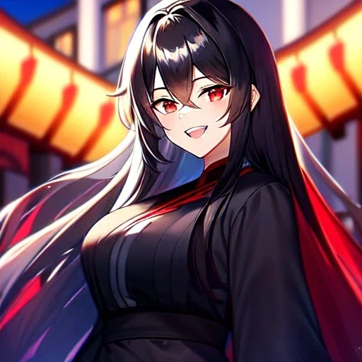 Clear focus, 8k, high quality, detailed, beautiful lighting, vibrant colors, black long hair, vibrant red eyes, girl, red and black miko, laughing