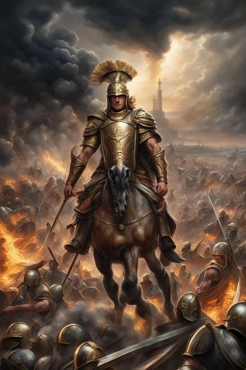 Capture an epic scene of the Trojan War with dark clouds of smoke billowing from the burning city of Troy in the background. In the foreground, the Greek hero Achilles stands resolute in gleaming armor, his face set in fierce determination. The chaotic battlefield is alive with warriors in crested helmets and shining armor clashing fiercely. The ground is littered with the wreckage of war: broken shields, arrows, and debris, while Greek ships with raised sails are anchored off the shore.