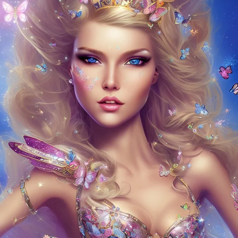  lying down beautiful face princess blond fairy smiling with sparkle jewel bikini and butterflies in hair magic