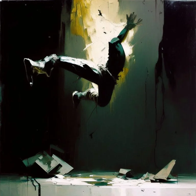 Minimal contemporary abstract oil paintings falling person limbs sinew and concrete fragments illuminated at night style of Justin Mortimer and Phil Hale