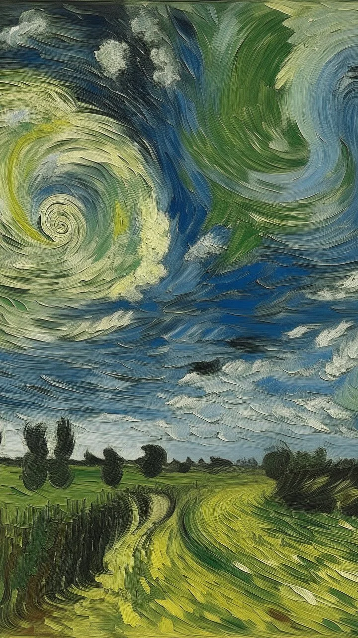 A white cloudy sky with tornadoes painted by Vincent van Gogh