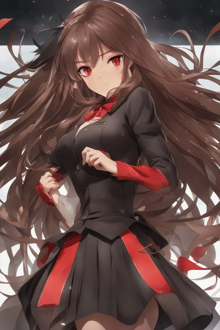 (masterpiece), (anime style), award winning, centered, looking toward camera, long brown hair, confident young woman, red eyes, modern setting, dynamic lighting, dynamic composition, ultra detailed, (epic composition, epic proportion), professional work, wearing casual black and red clothes