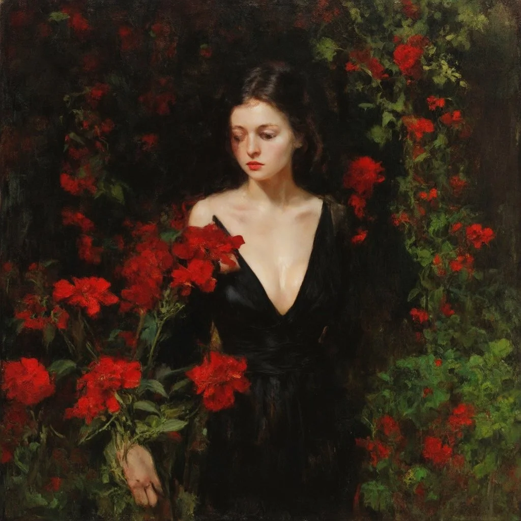 one woman near red flowers and vegetations, forest, doom, creepy, gloomy, gothic dark influence, john singer sargent paintings, and eugen von blaas paintings