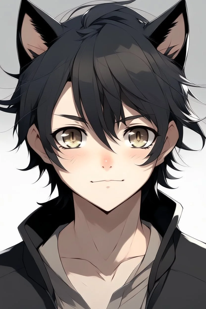 A anime boy with messy black hair, large black cat ears.